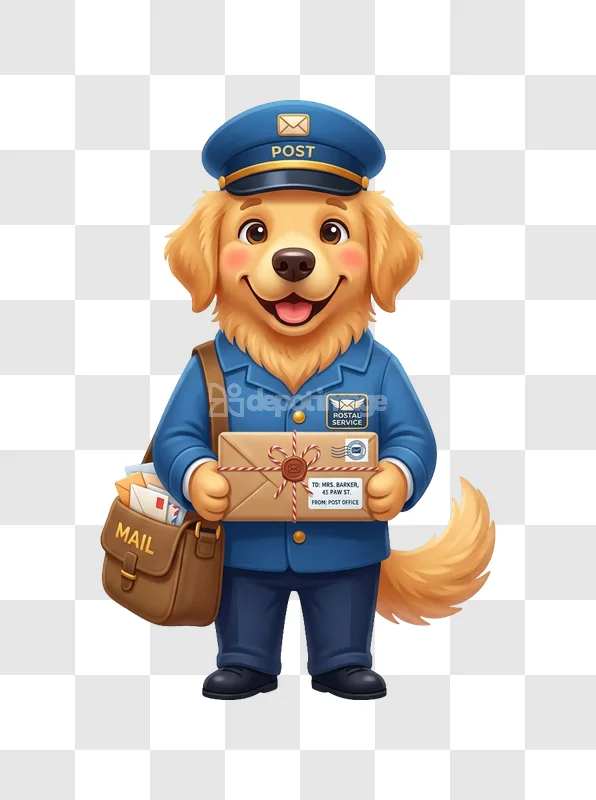 Cute Golden Retriever Dog Postman Mail Delivery cartoon style transparent background