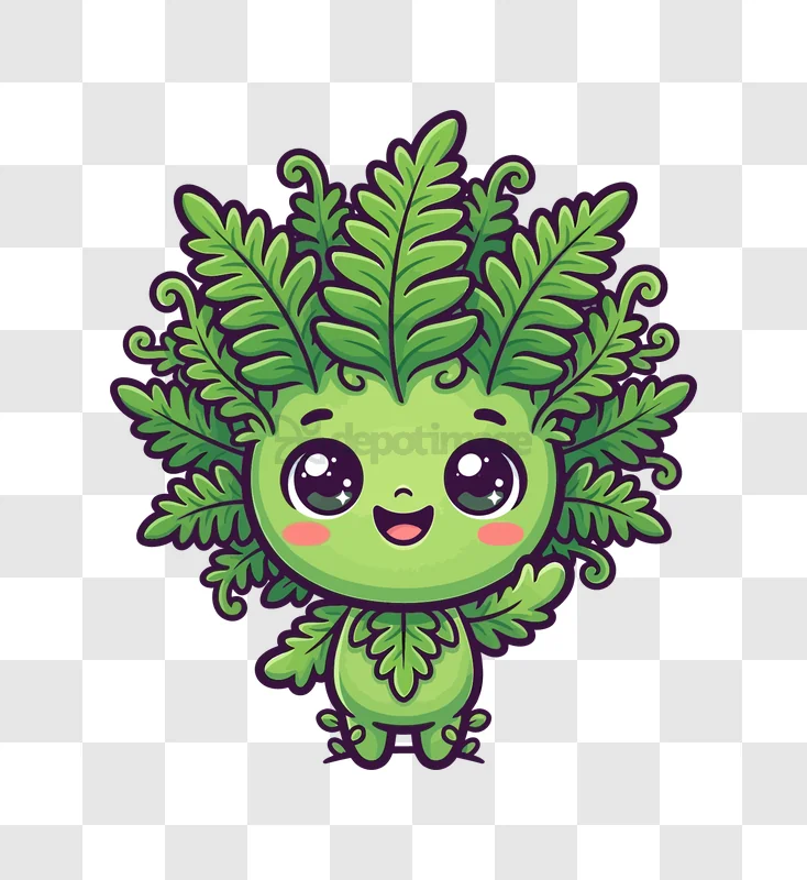 Cute Green Fern Character Waving Happily cartoon style green character