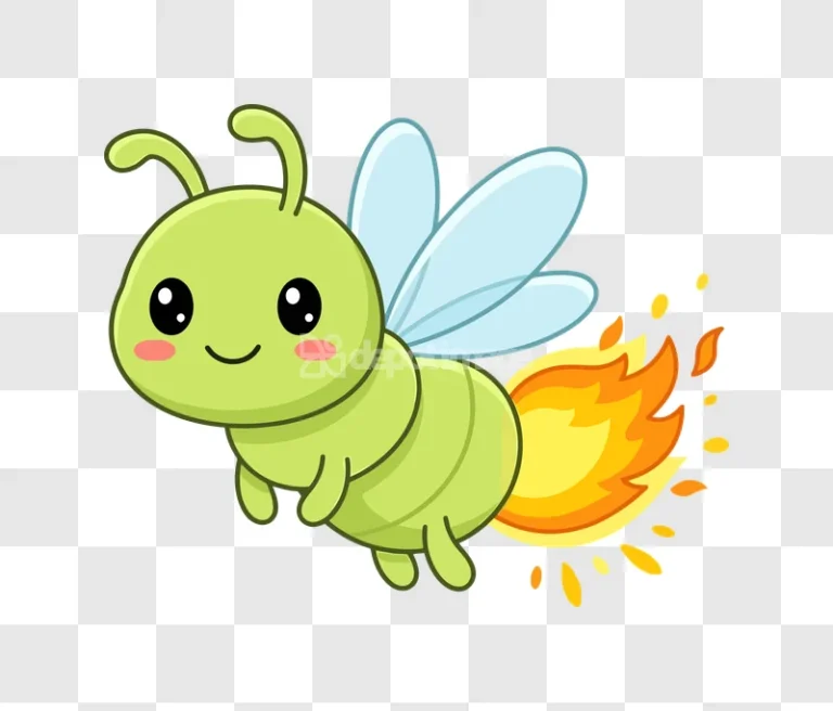 Cute Green Firefly Flying With Fire cartoon style transparent background