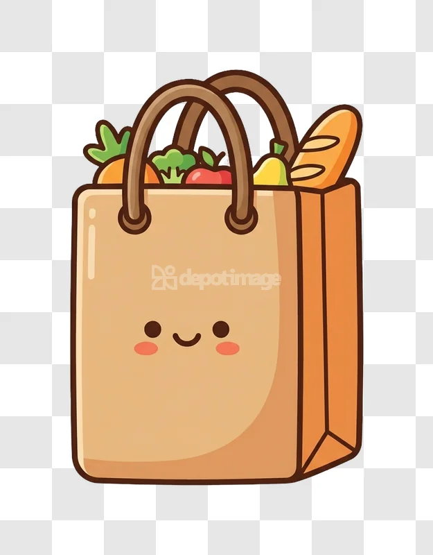 Cute Grocery Bag Full Produce Cartoon Icon smiling brown paper bag full produce