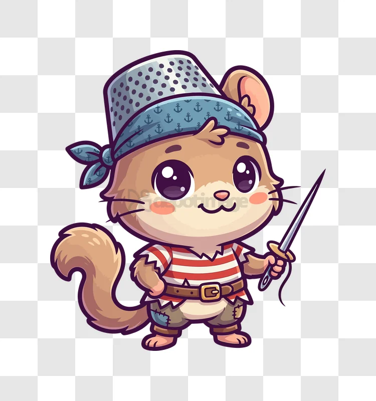 Cute Hamster Pirate With Thimble Hat cartoon style, brown and red, holding needle