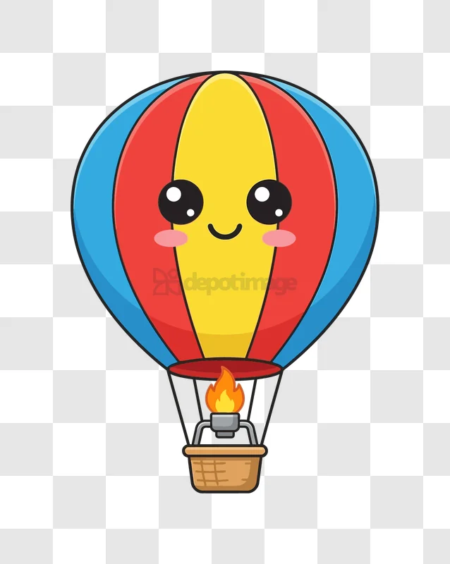 Cute Hot Air Balloon With Happy Face colorful cartoon illustration with flame