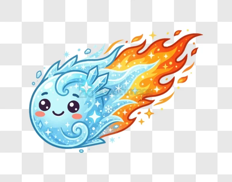 Cute Ice Comet With Fiery Tail cartoon style character transparent background