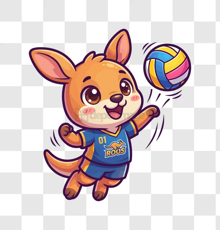 Cute Kangaroo Playing Volleyball Player cartoon style blue jersey
