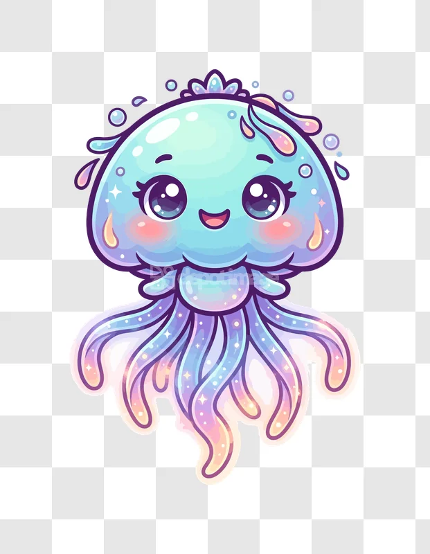 Cute Kawaii Blue Jellyfish Happy Colorful, vibrant cartoon style transparent background