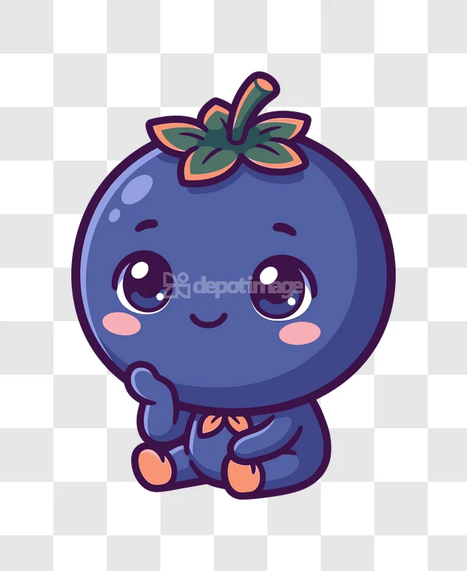 Cute Kawaii Blueberry Character Sitting Quietly, cartoon style, purple, pink cheeks, transparent background