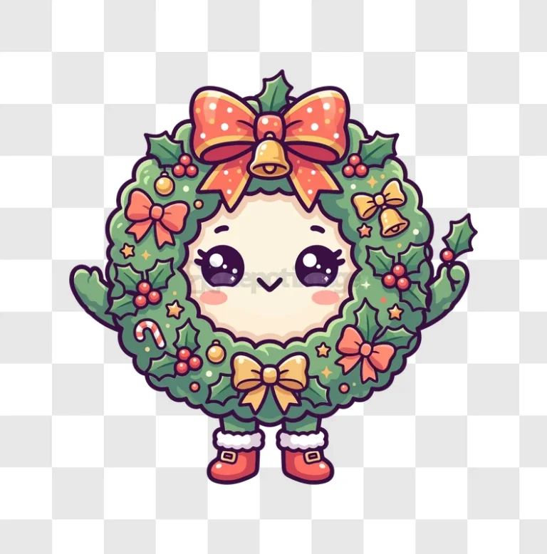 Cute Kawaii Christmas Wreath Character With Holly cartoon style green red