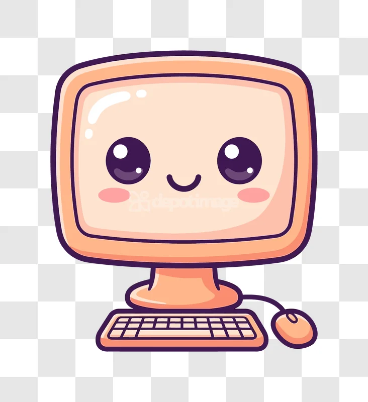Cute Kawaii Computer With Keyboard cartoon style light orange