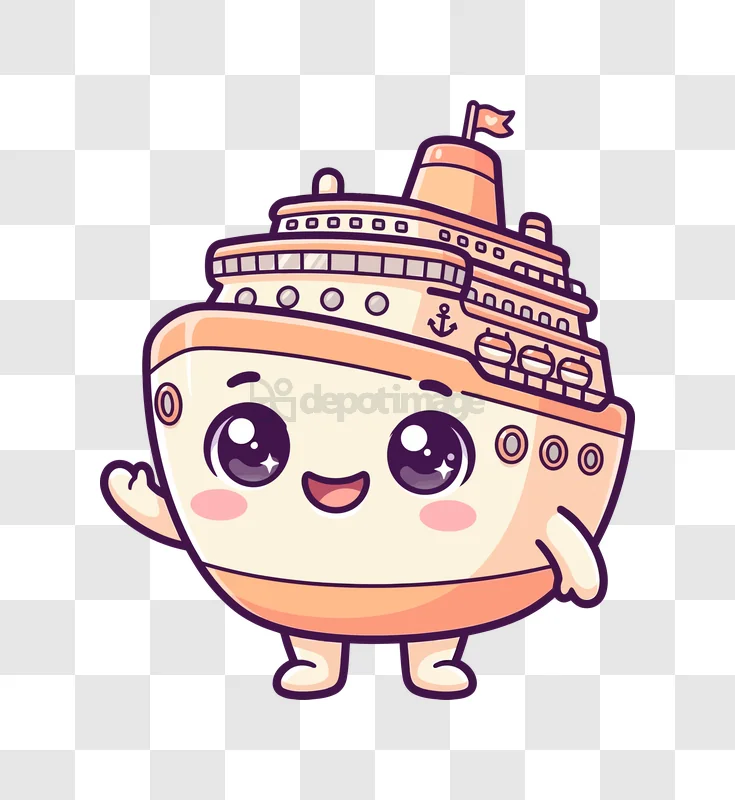 Cute Kawaii Cruise Ship Waving Happy cartoon style light colors transparent background