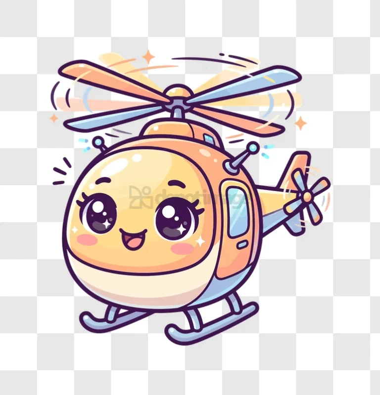 Cute Kawaii Helicopter Flying Joyfully, cartoon style orange blue transparent background