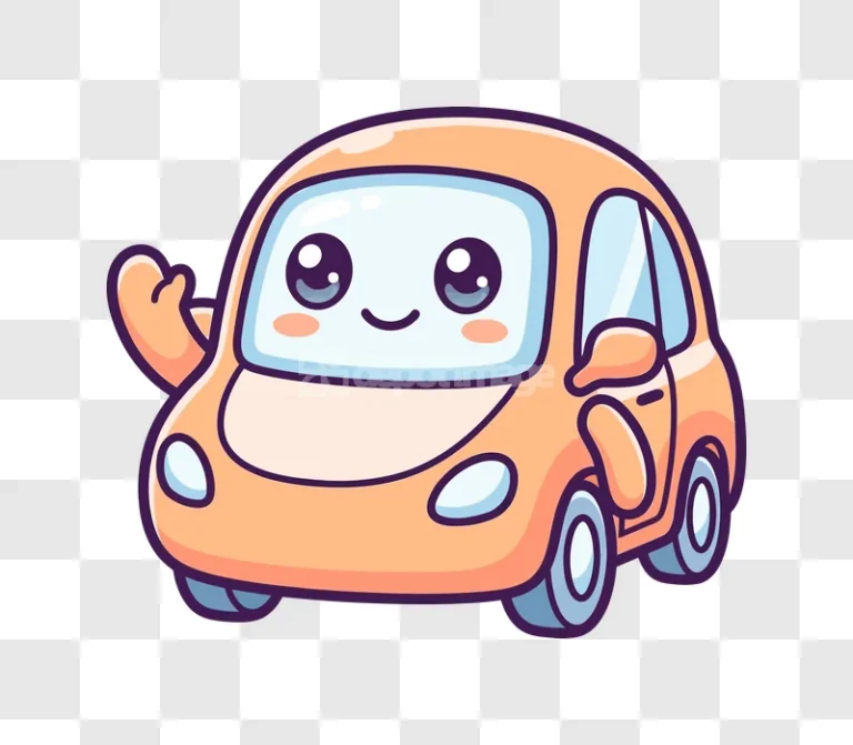 Cute Kawaii Orange Car Waving Hand cartoon style transparent background