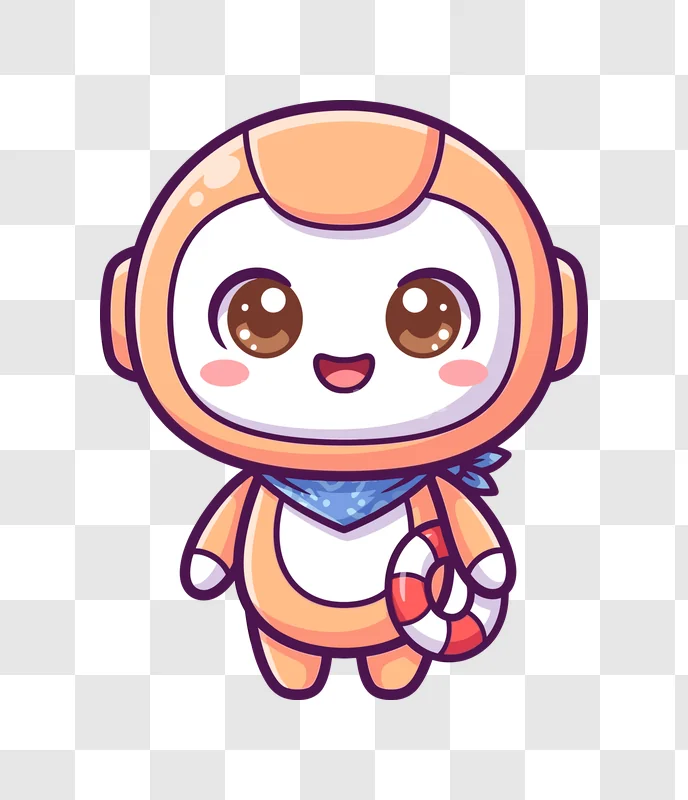 Cute Kawaii Robot Character Lifesaver Blue Scarf, cartoon style transparent background, orange white