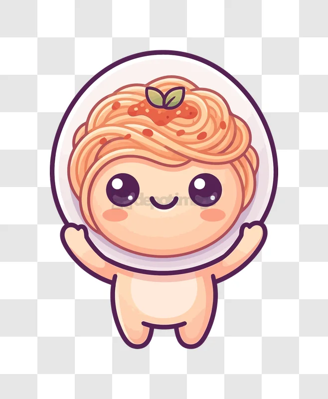 Cute Kawaii Spaghetti Character Icon adorable cartoon style, orange noodles, purple eyes