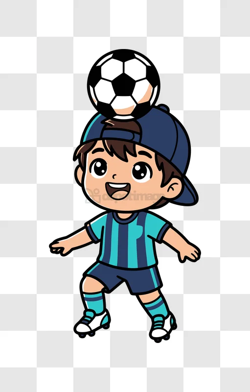 Cute Kid Balancing Soccer Ball on Head, cartoon style dark background