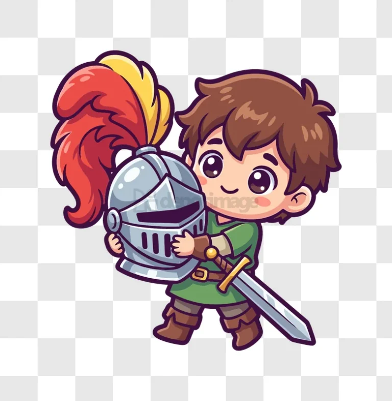 Cute Kid Holding Knight Helmet Sword cartoon style transparent background