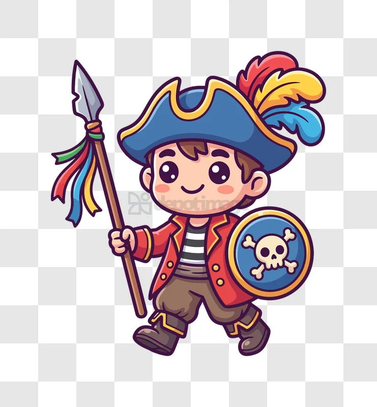 Cute Kid Pirate Holding Spear chibi style colorful cartoon