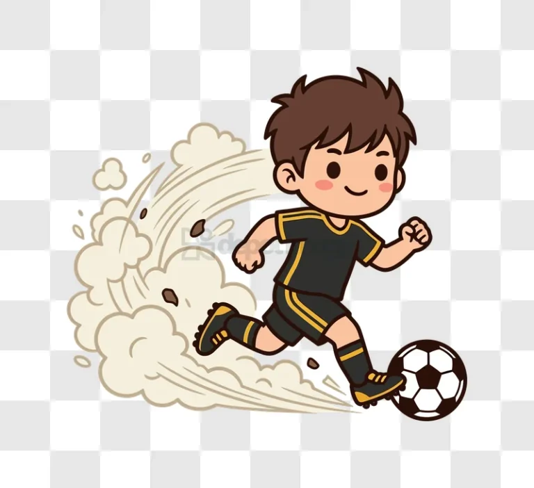 Cute Kid Playing Soccer Fast Animated cartoon style black uniform dust cloud