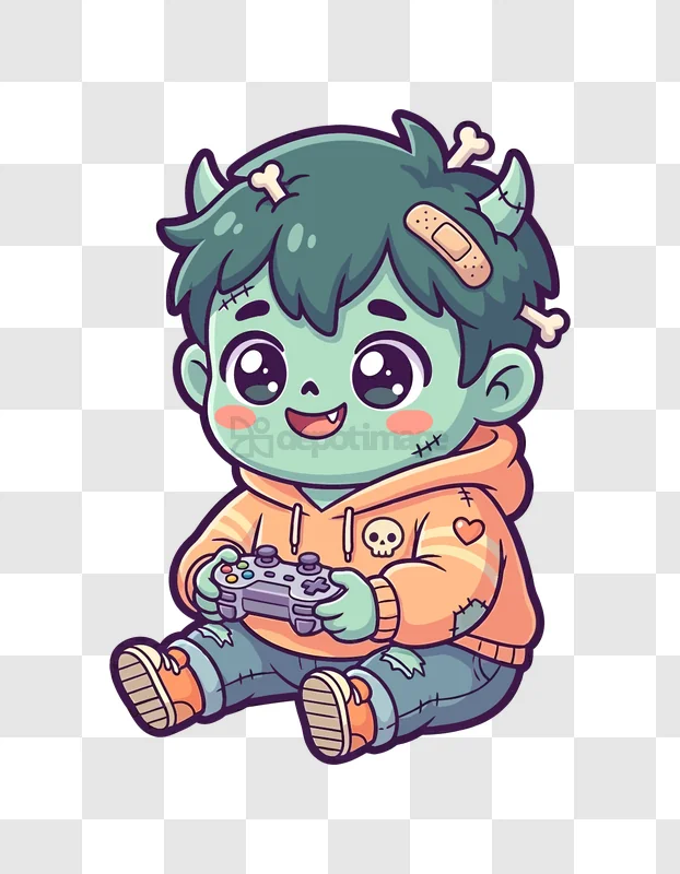 Cute Kid Zombie Playing Video Games cartoon style transparent background