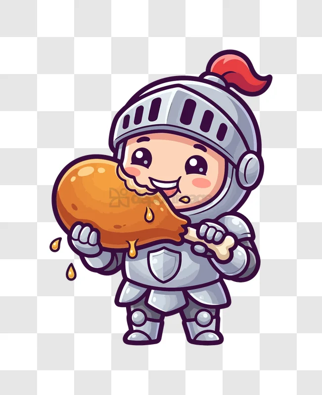 Cute Knight Eating Fried Chicken cartoon style transparent background