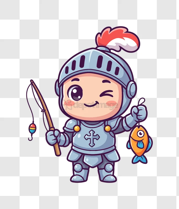 Cute Knight Fishing Winking Orange Fish cartoon style transparent background