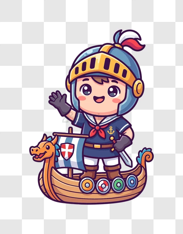 Cute Knight Sailor in Viking Boat cartoon style transparent background