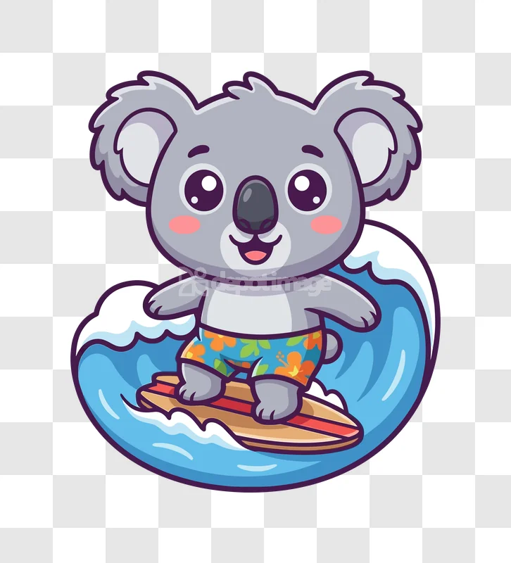 Cute Koala Surfing on a Wave Cartoon cheerful illustration vibrant colors