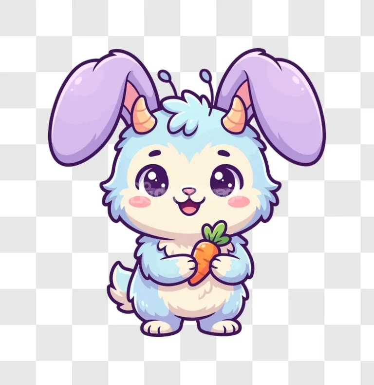 Cute Light Blue Bunny Holding Carrot cartoon style transparent background