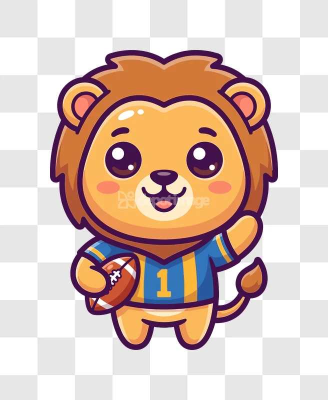 Cute Lion Cub Playing American Football cartoon style, blue jersey, holding football