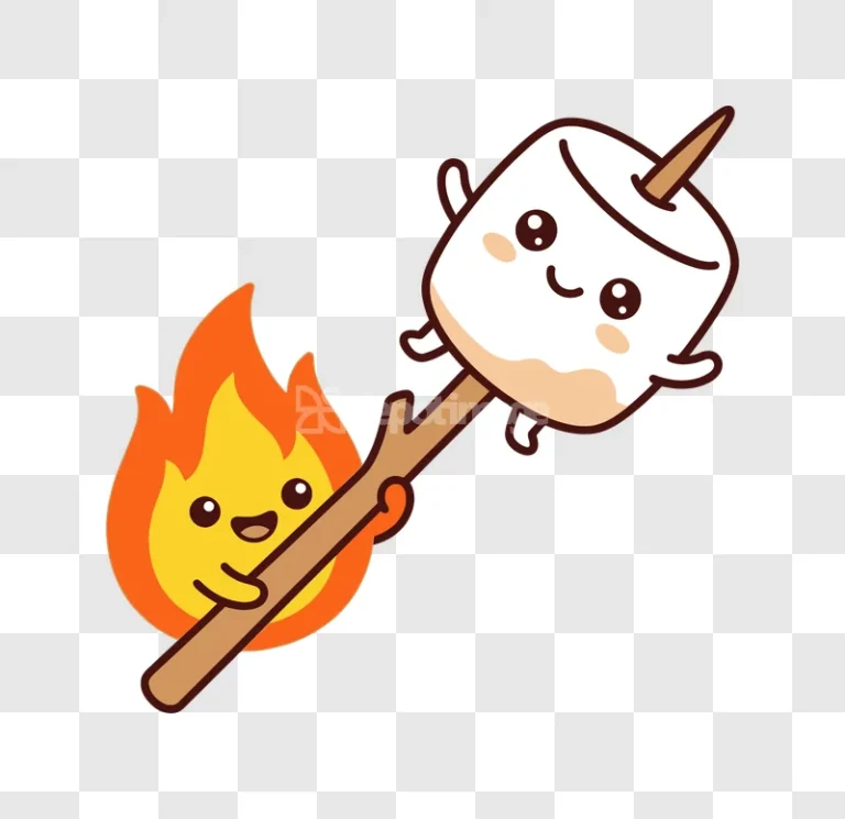 Cute Marshmallow Roasting Over Campfire Cartoon, cheerful cartoon style, orange fire, white marshmallow
