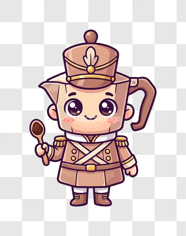 Cute Moka Pot Soldier With Spoon cartoon character brown uniform