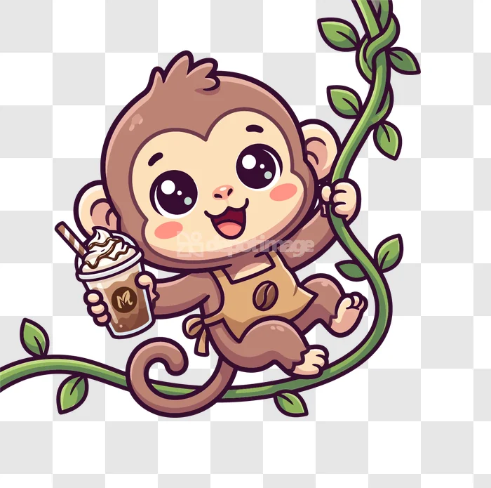 Cute Monkey Holding Coffee Hanging Vine cartoon style transparent background