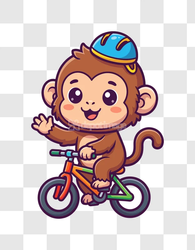 Cute Monkey Riding Bicycle Waving Hand cartoon style colorful graphic