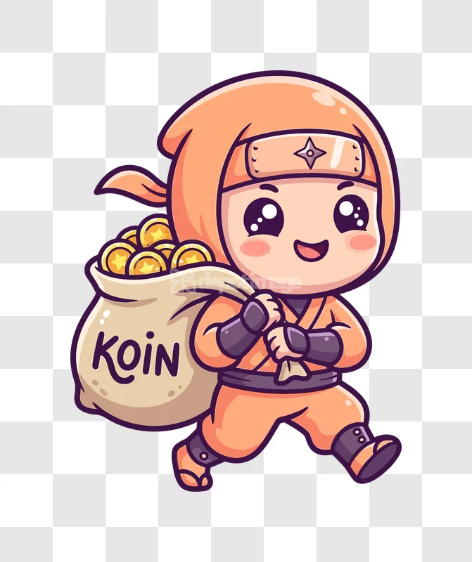 Cute Ninja Kid With Coin Bag cartoon style orange purple transparent background