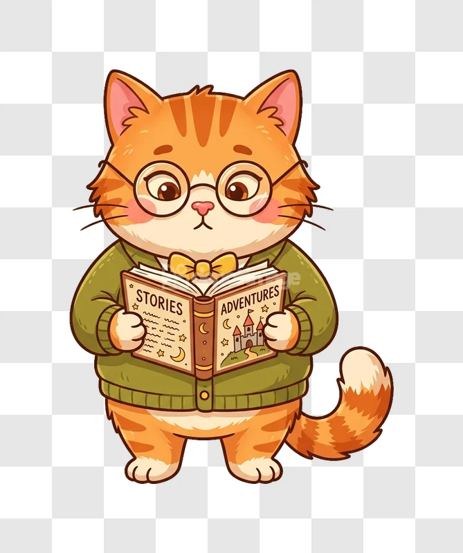 Cute Orange Cat Glasses Reading Book Stories cartoon style transparent background