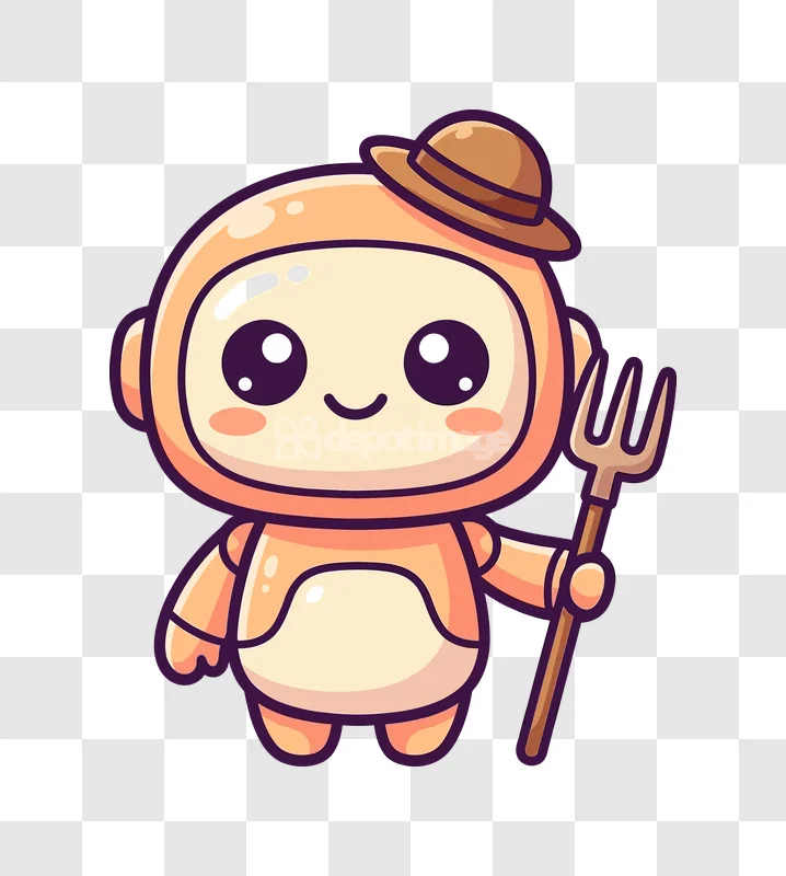 Cute Orange Robot Farmer Straw Hat Pitchfork cartoon style transparent background