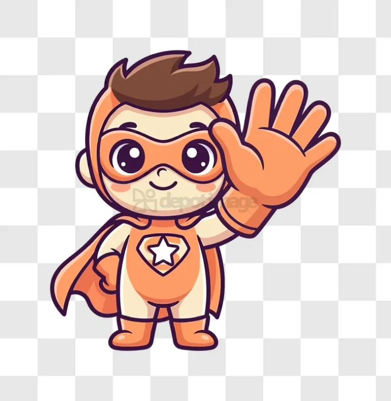 Cute Orange Superhero Waving Hand cartoon style transparent background