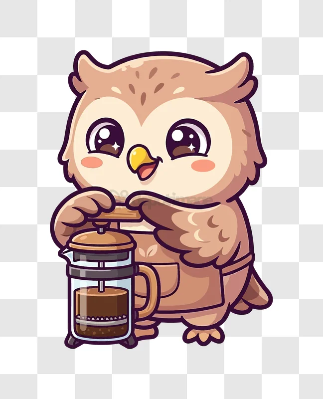 Cute Owl Making French Press Coffee cartoon style transparent background