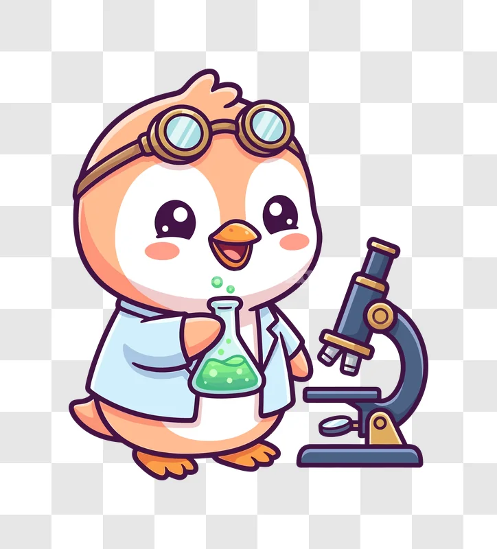 Cute Penguin Scientist Holding Flask Microscope, cartoon style, light colors, transparent background