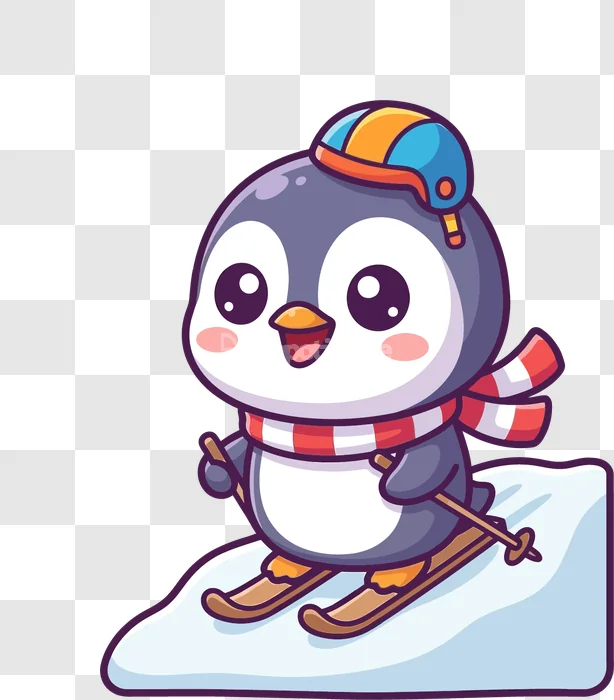 Cute Penguin Skiing on Snow cartoon style vibrant colors