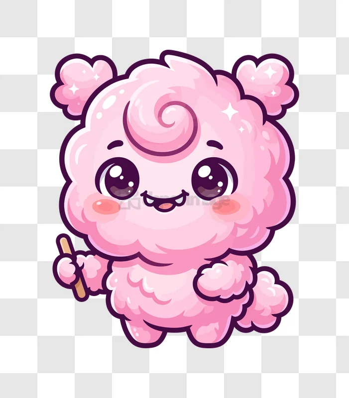 Cute Pink Candy Fluffy Character Smiling, cartoon style transparent background, holding stick