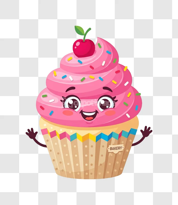 Cute Pink Cupcake Cartoon Character Smiling