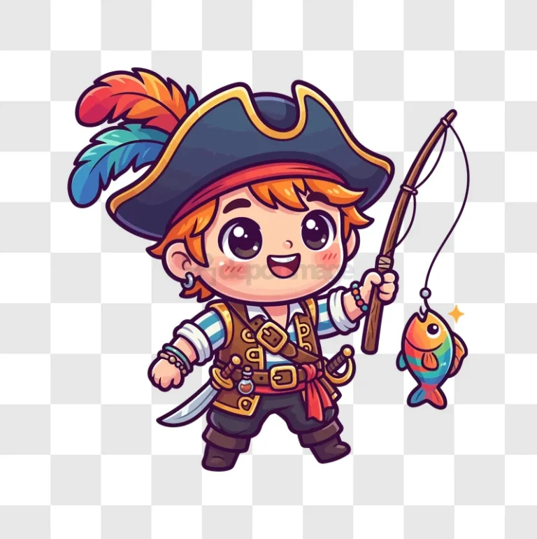 Cute Pirate Boy Fishing Happy cartoon style vibrant colors transparent background