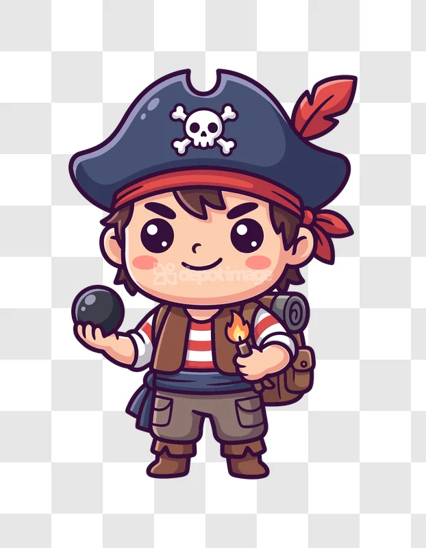 Cute Pirate Boy Holding Bomb and Torch cartoon style transparent background