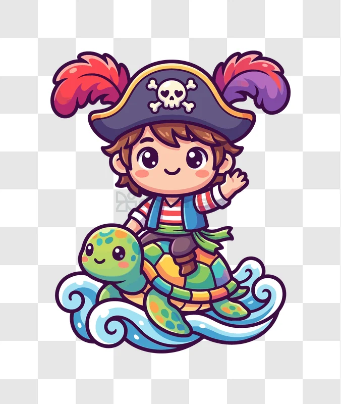 Cute Pirate Boy Riding a Turtle cartoon style transparent background