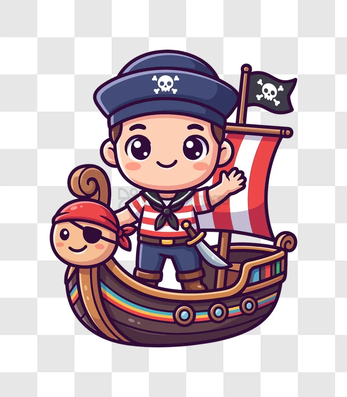 Cute Pirate Boy Waving on Ship cartoon illustration colorful boat