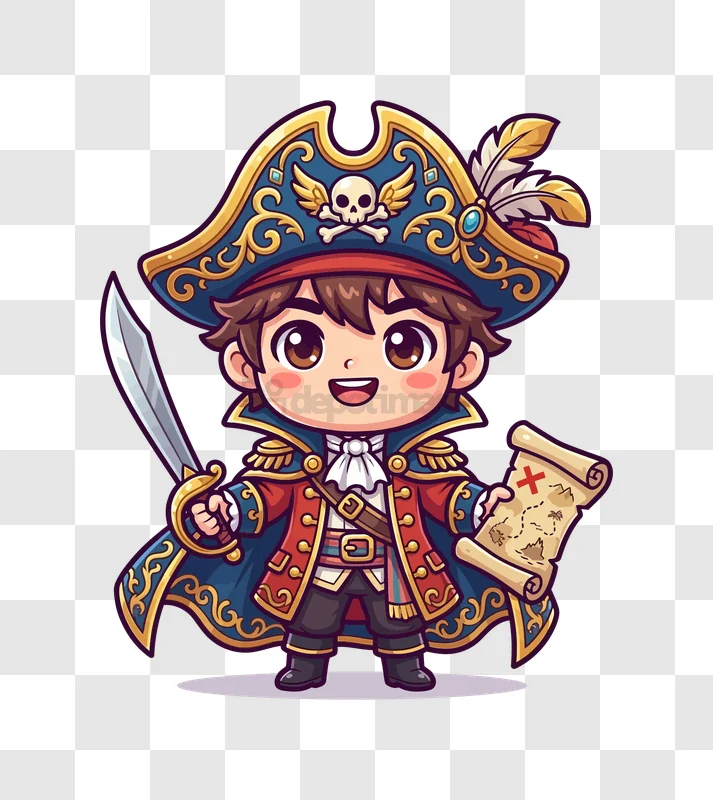 Cute Pirate Boy With Treasure Map cartoon illustration colorful vibrant