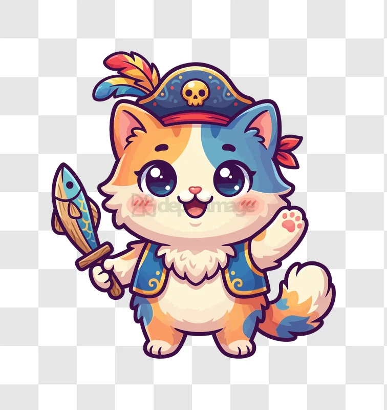Cute Pirate Cat Waving and Holding Fish colorful cartoon transparent background