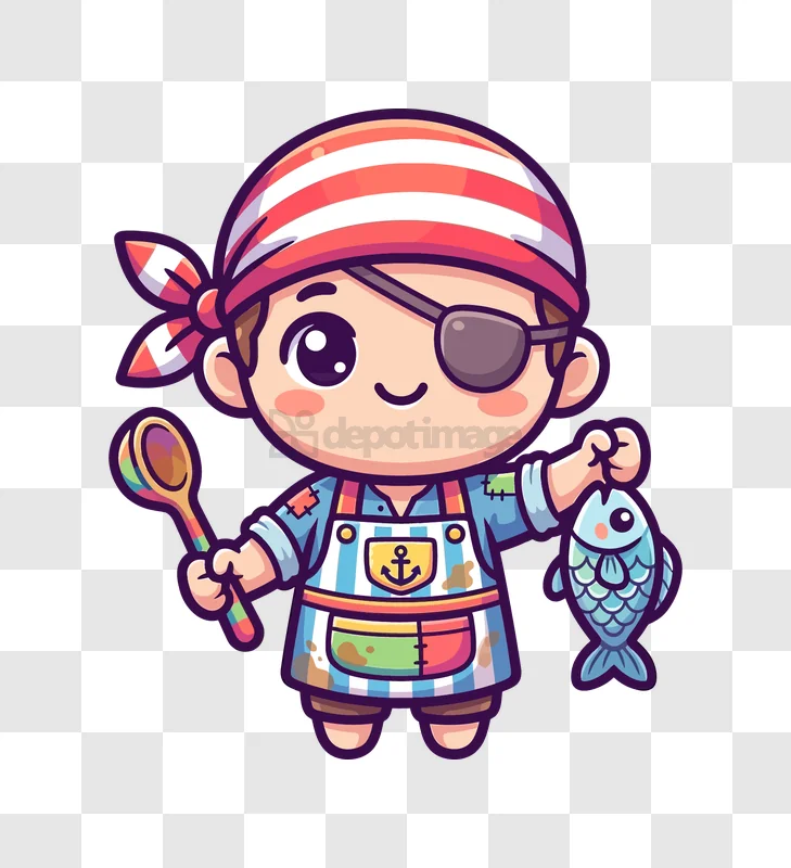 Cute Pirate Chef Holding Fish cartoon style colorful transparent