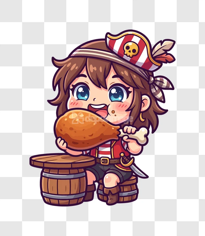 Cute Pirate Eating Large Chicken Leg, cartoon style, vibrant colors, transparent background