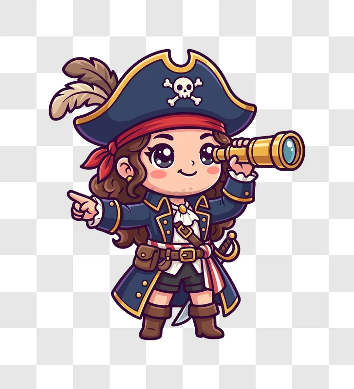 Cute Pirate Girl With Spyglass Icon cartoon style transparent background